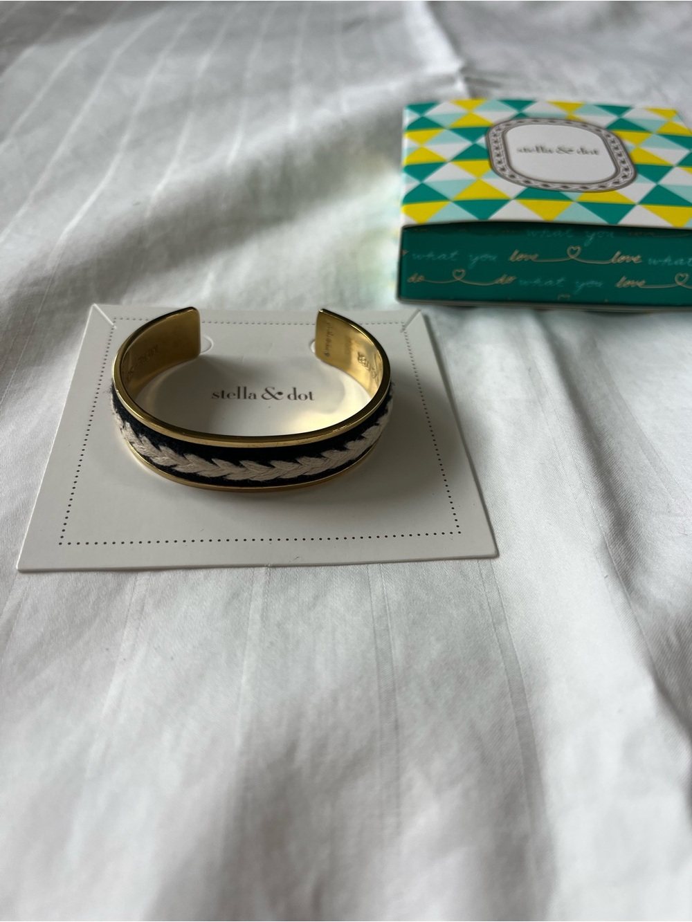 Stella & Dot Gold Cuff with Black and Cream Braid Accent